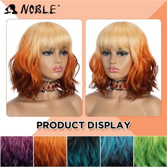 NOBLE Short Bob Wigs with Bangs for Women 3 Tone Ombre Color Synthetic Shoulder - Picture 4 of 7